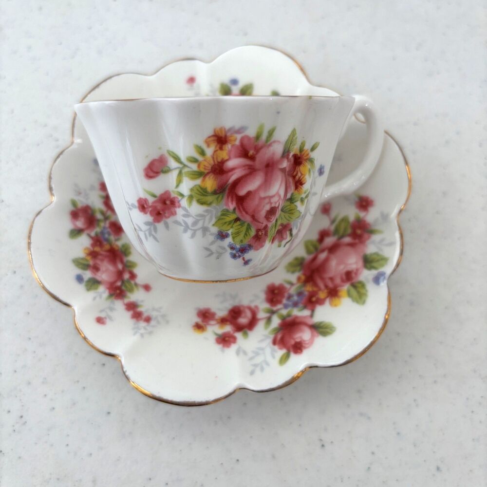 Royal Stuart Spencer Stevenson Pink Floral Dainty Teacup Saucer England Set of 2 - Picture 5 of 9